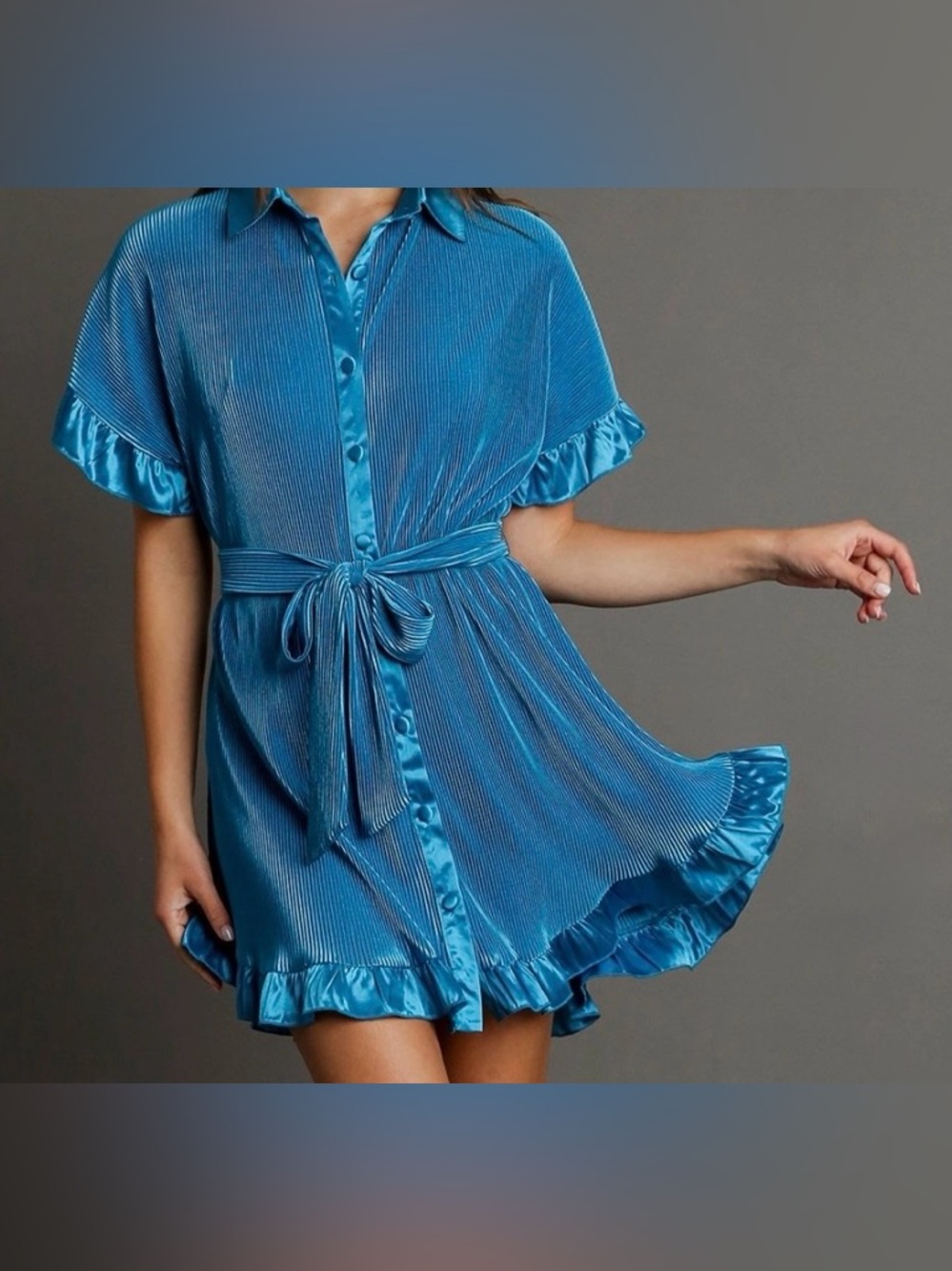 Umgee Ocean Blue Pleated Satin-Trim Top